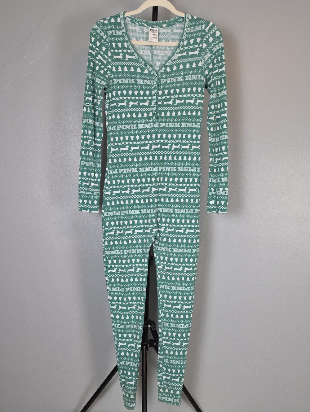 Victoria's Secret PINK Green Fair Isle Dachshund Dog Thermal Onesie Pajamas Sz M
